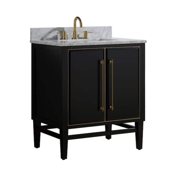Mason 31 in. Single Sink Black with Gold Trim Bath Vanity with Carrara White Marble Top