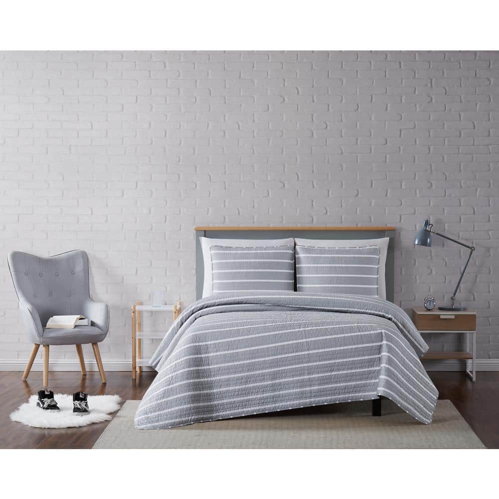 Gray Twin XL Microfiber Quilt and Sham Set