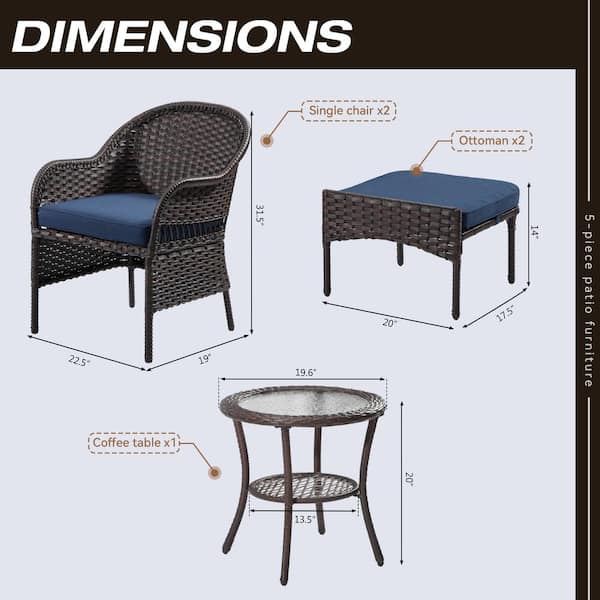 5-Piece Wicker Patio Outdoor Bistro Set Conversation Set