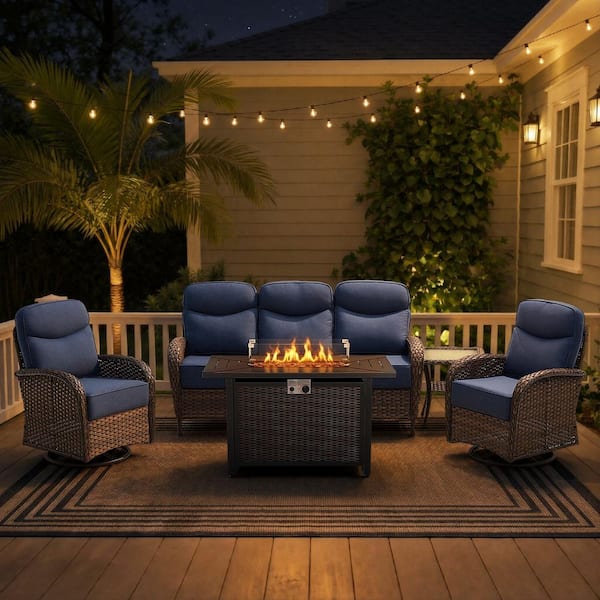 Luna Brown 5-Piece Wicker Outdoor Patio Fire Pit Deep Seating Set with 6 in. Olefin Navy Blue Cushions