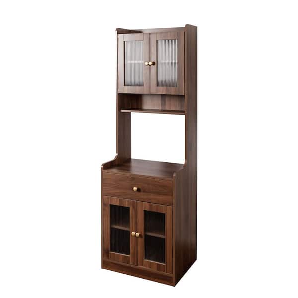 Farmhouse Kitchen Hutch Buffet Cabinet with Microwave Stand, Freestanding Buffet Sideboard Coffee Bar Cabinet in Walnut