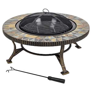 Olivia Slate Top 34 in. W x 19.6 in. H Round Steel Wood Burning Rubbed Gold Fire Pit