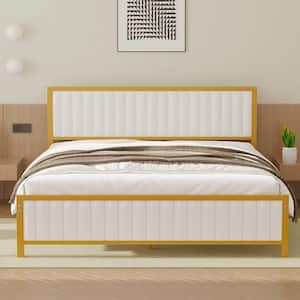 Bed Frame, Gold Queen Metal Frame, Heavy Duty Metal Foundation, Platform Bed with Upholstered Headboard
