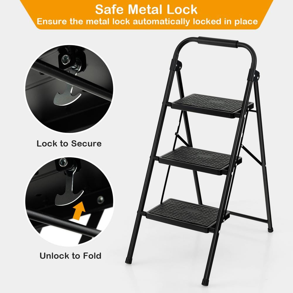 Black Metal Folding 3-Step Ladder with Anti-Slip Pedals