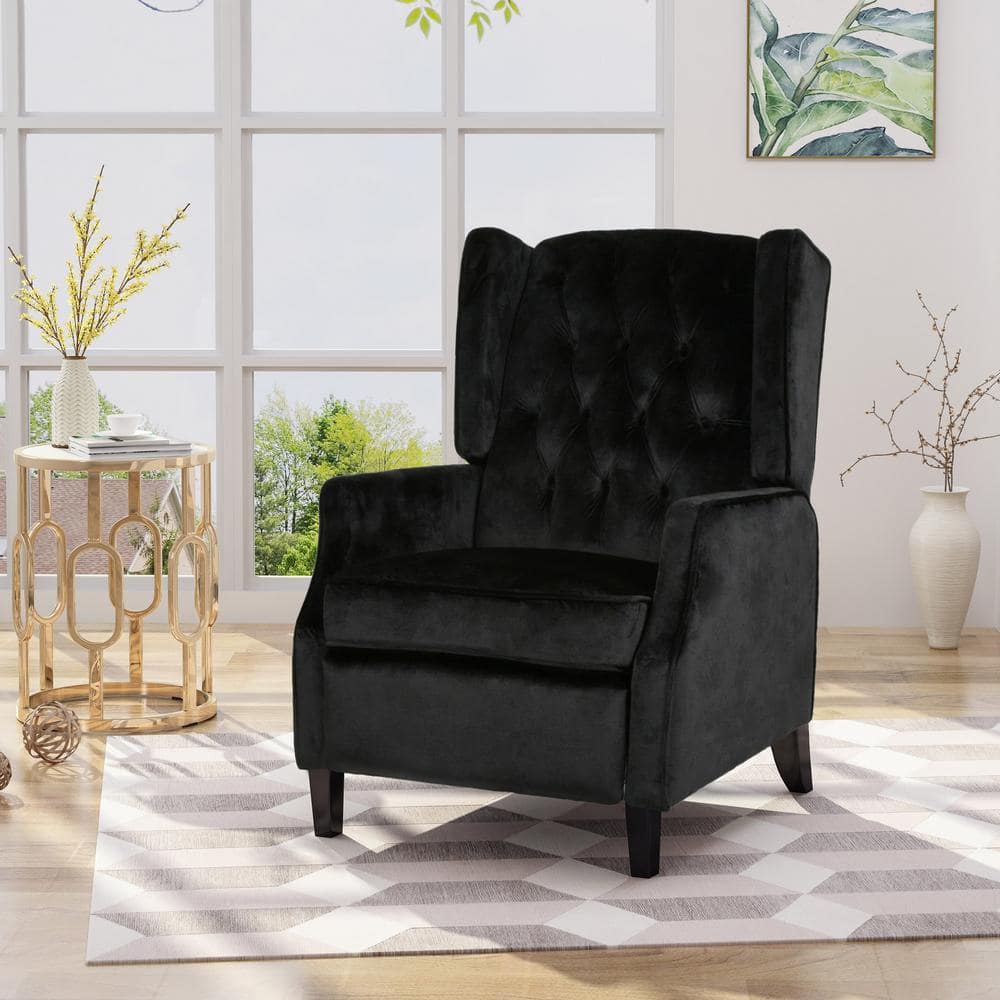 Handcrafted Black Velvet Wingback Recliner with Wood Legs