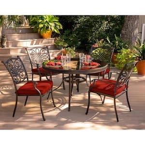 Traditions 5-Piece Metal Outdoor Dining Set with Red Cushions and Glass-Top Table