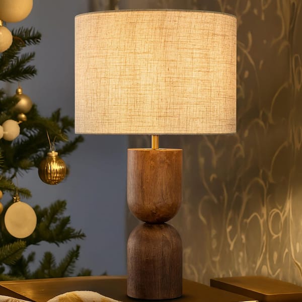 1-Light 24 in. Vintage Small Honey Brown Wood Bedside Table Lamp Classic Round Nightstand Lamp with Beige Fabric Shade