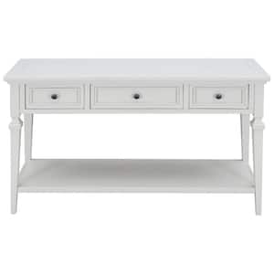 50 in. W x 15 in. D x 30 in. H Antique White Linen Cabinet Console Table with 3 Top Drawers and Open Style Bottom Shelf