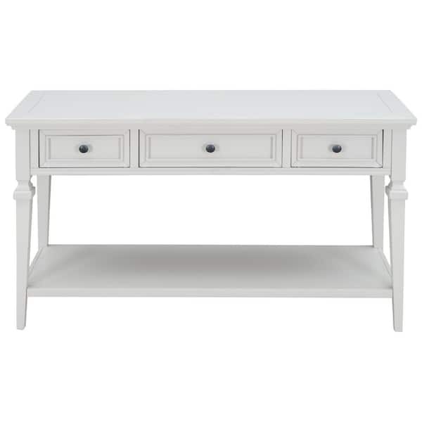 Unbranded 50 in. W x 15 in. D x 30 in. H Antique White Linen Cabinet Console Table with 3 Top Drawers and Open Style Bottom Shelf