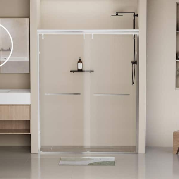 Abruzzo 60 in. W x 76 in. H Semi-Frameless Double Sliding Shower Door in Chrome with 5/16 in. Thick Tempered Clear Glass