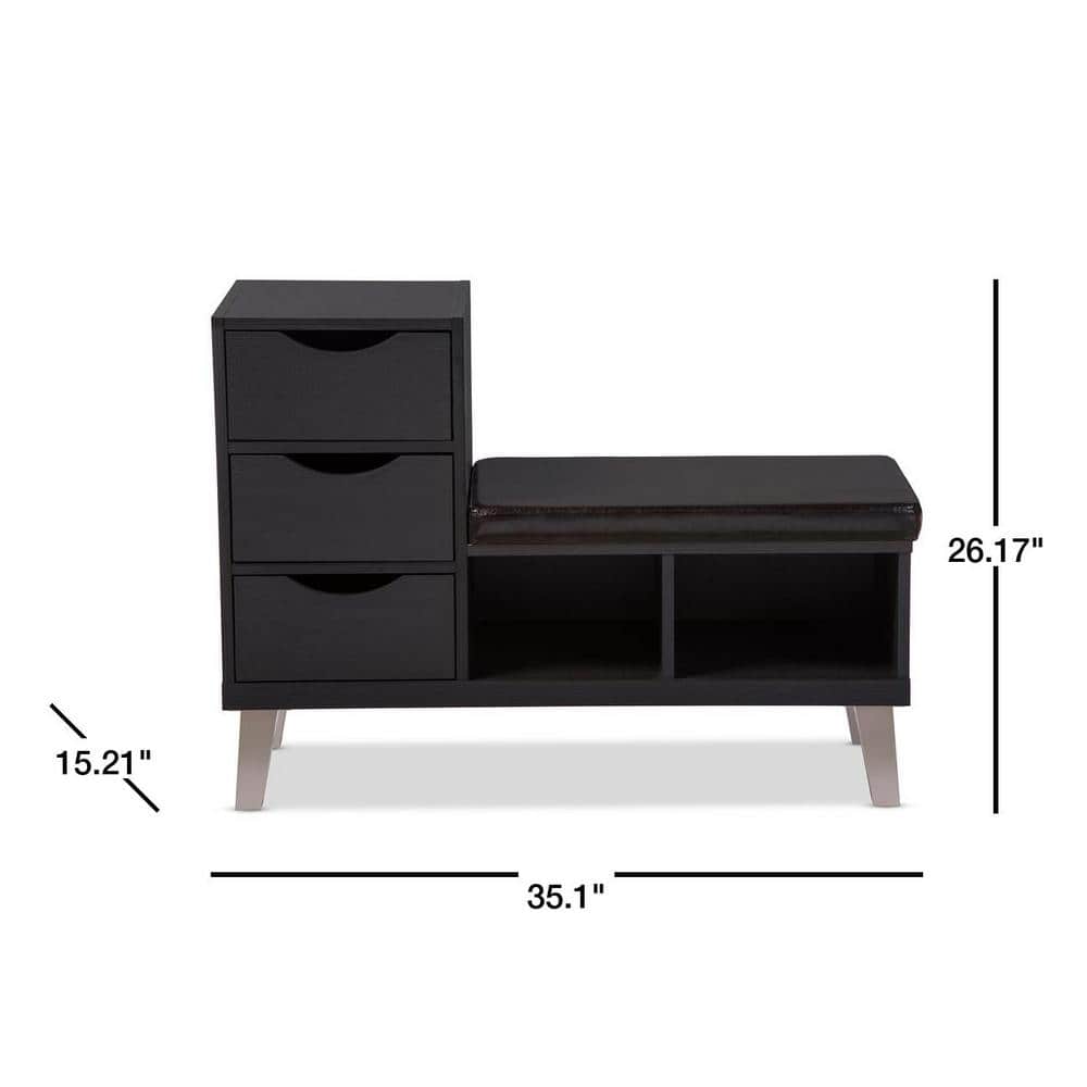 Arielle Modern 3-Drawer Dark Brown Bench with Padded Seating and Storage Shelves