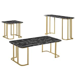 Pasadina 47.25 in. Gold Coating and Black Rectangle Faux Marble Top 3-Piece Coffee Table Set