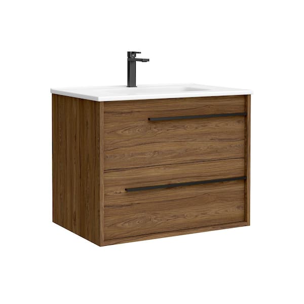 WS Bath Collections Lotus 28.0 in. W Single Basin Wall Mounted Bath Vanity in Walnut with Ceramic White Top