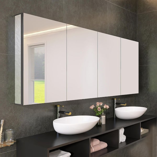 80 in. W x 30 in. H Black Rectangular Recessed or Surface Mount Aluminum Medicine Cabinet with Mirror Tri-View 3 Shelves