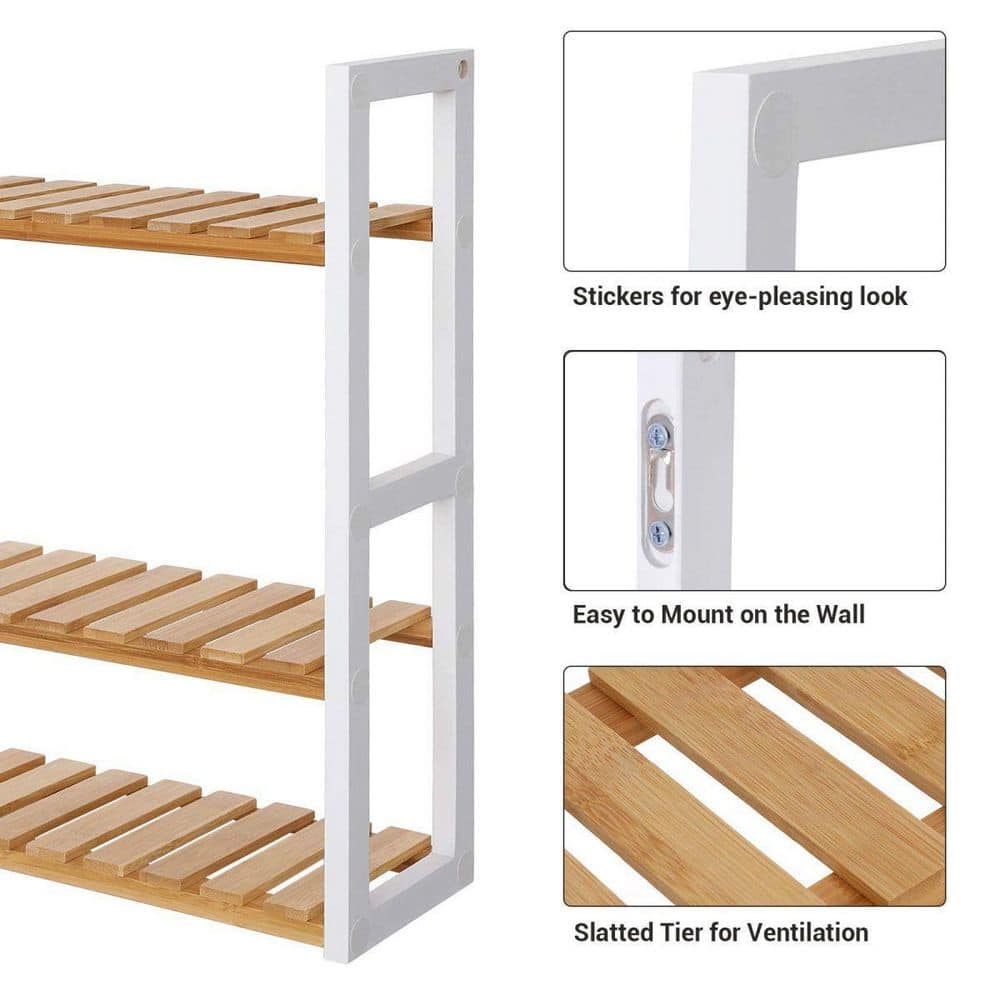 Natural Bamboo and White Adjustable 3-Tier Utility Shelf