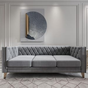 80.5 in Wide Square Arm Velvet Modern Straight Sofa in Gray