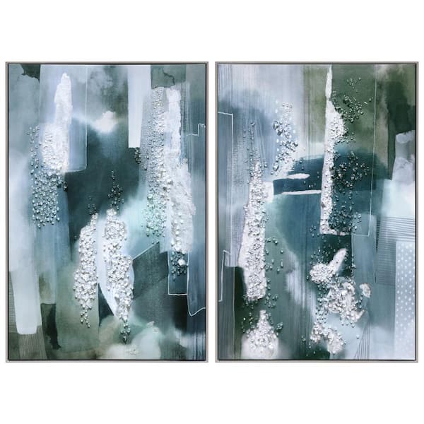 "Silver Mist" Crystallus Epoxy Coated Framed Glossy Canvas Wall Art Sets with Acrylic Crystal Shards, 32 in. x 48 in.