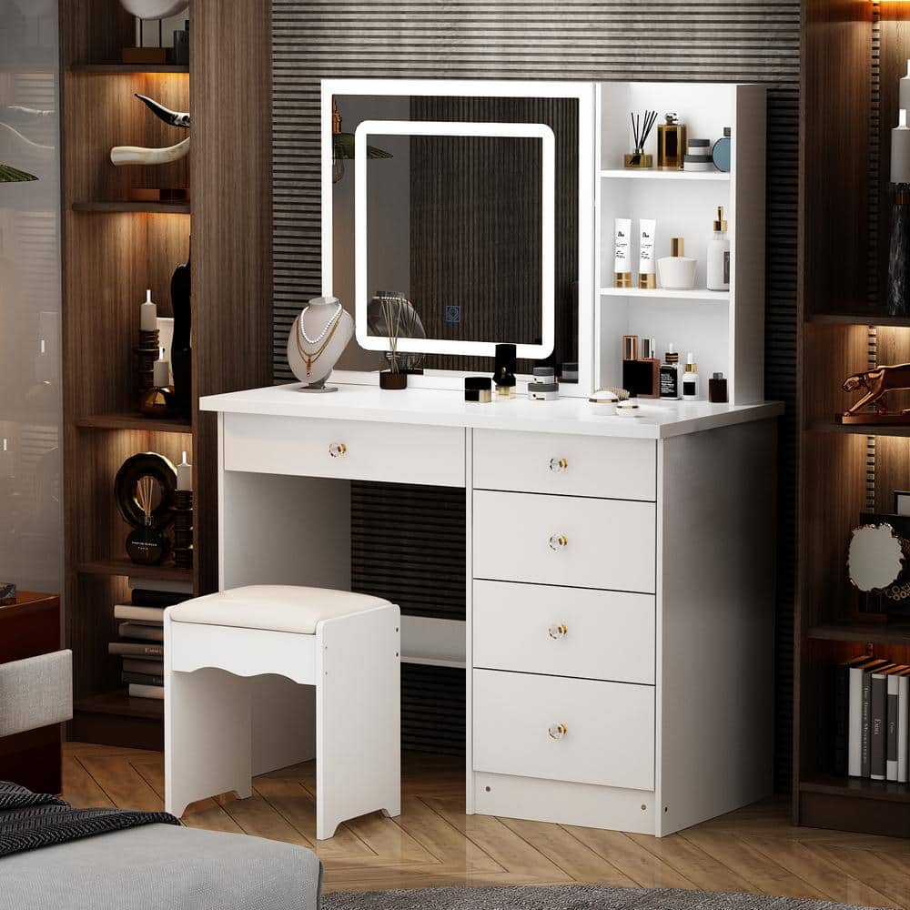 5-Drawers White Wood LED Push-Pull Mirror Makeup Vanity Sets Dressing Table Sets with Stool and 3-Tier Storage Shelves - thumbnail 6