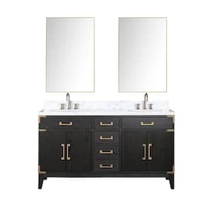 Fossa 60 in W x 22 in D Black Oak Double Bath Vanity, Carrara Marble Top, Faucet Set, and 28 in Mirrors