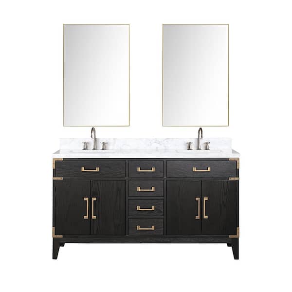 Fossa 60 in W x 22 in D Black Oak Double Bath Vanity, Carrara Marble Top, Faucet Set, and 28 in Mirrors