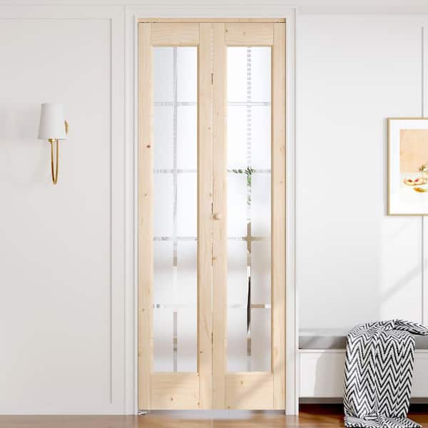 30 in. x 80 in. 3/4 Lite Frosted Glass Preassembled Solid Core Wood Spruce Bi-Fold Door with Hardware