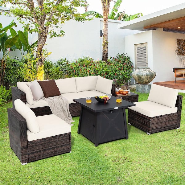 7-Piece Wicker Patio Conversation Set with Off White Cushion & Fire Pit Table & Cover