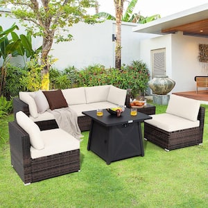 7-Piece Wicker Patio Conversation Set with Off White Cushion & Fire Pit Table & Cover