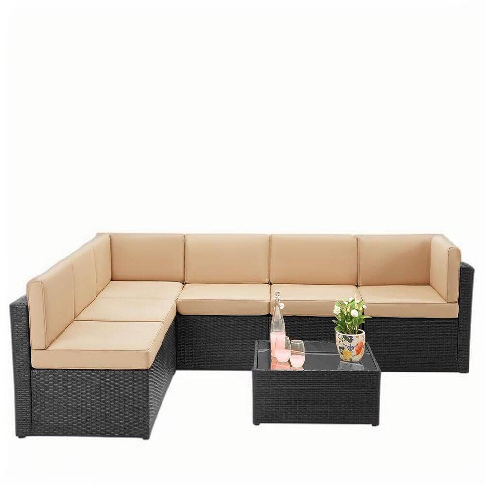 7-Piece Wicker Outdoor Sectional Set with Khaki Cushions, Patio Furniture Sofa Set for Garden, Backyard, Poolside