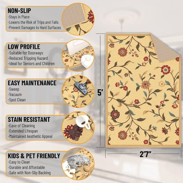 Ottohome Collection Non-Slip Rubberback Floral Leaves 3 x 5 Indoor Area Rug, 2 ft. 7 in. x 5 ft., Beige