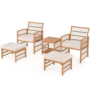 5-Piece Rattan Wicker Patio Conversation Set with 2-Tier Coffee Table and 2 Ottomans and Off White Cushions