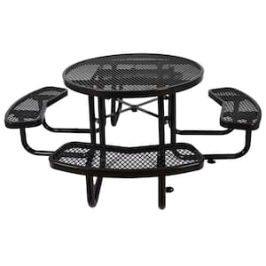 85 in. Black Round Steel Picnic Table Seats 8 People with Umbrella Hole and 4 Benches