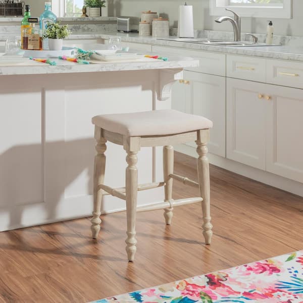 Marino 25 in. Antique White Backless Wood Counter Stool with Fabric Seat