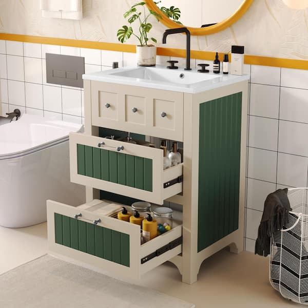 24 in. Single Sink Beige and Green Bath Vanity with White Ceramic Top Unassembled