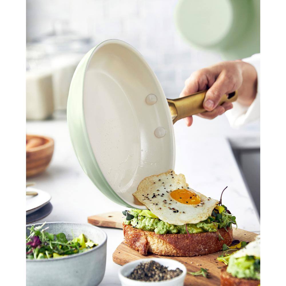 Sage Green Aluminum Ceramic Nonstick Fry Pan Set with Gold Handles