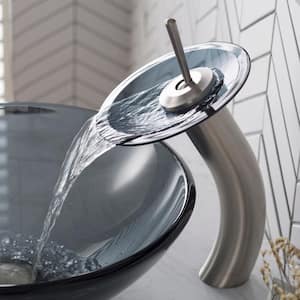 Single Handle Waterfall Bathroom Vessel Sink Faucet in Satin Nickel with Glass Disk in Gray