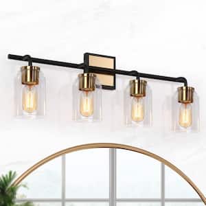 27.5 in. Modern 4-Light Brass Gold Bathroom Vanity Light, Black Bath Lighting with Cylinder Clear Glass Wall Sconce