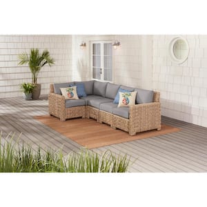 Laguna Point 5-Piece Natural Tan Wicker Outdoor Patio Sectional Sofa with CushionGuard Stone Gray Cushions