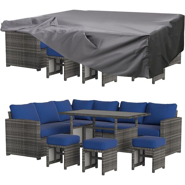 7-Pieces Patio Wicker Furniture Dining Set with Navy Cushions and Cover