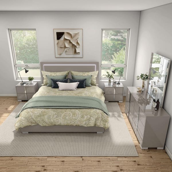 Mesala 5-Piece Taupe Gray Wood Frame Queen Panel Bedroom Set with LED Light on Headboard, Chrome Accents and Legs