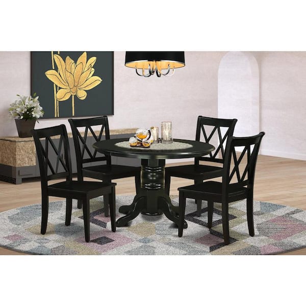 5-Piece Round Black Finish Solid Wood Top Dining table with 4-Chairs with Lattice Back