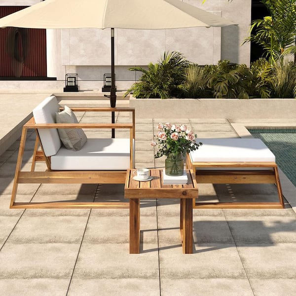 Sudzendf 3-Piece Wood Outdoor Conversation Patio Furniture Set with Beige Cushions