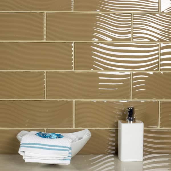 Pacific Beige 4 in. X 12 in. Textured Glossy Glass Subway Decorative Wall Tile (2 sq.ft./Case)