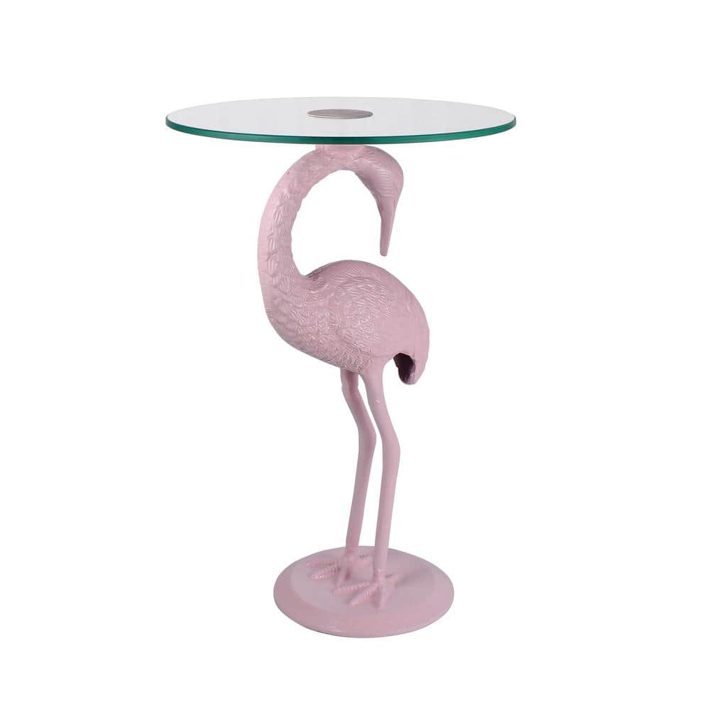 Blanche Pink Flamingo Round Glass Top Mid-Century End Table