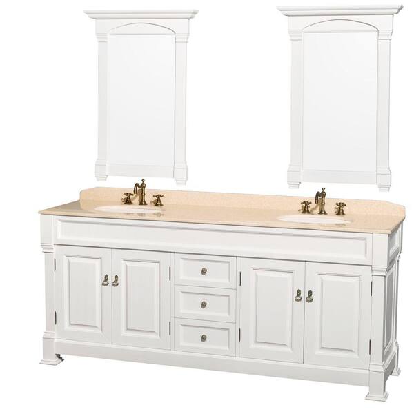 Wyndham Collection Andover 80 in. Vanity in White with Marble Vanity Top in Ivory with Porcelain Sinks and Mirror