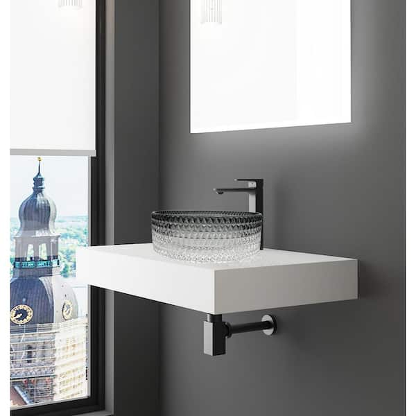 castellousa 36 in. Wall Mounted Bathroom Countertop Shelf in White Solid Surface with Black Gradient Round Glass Vessel Sink