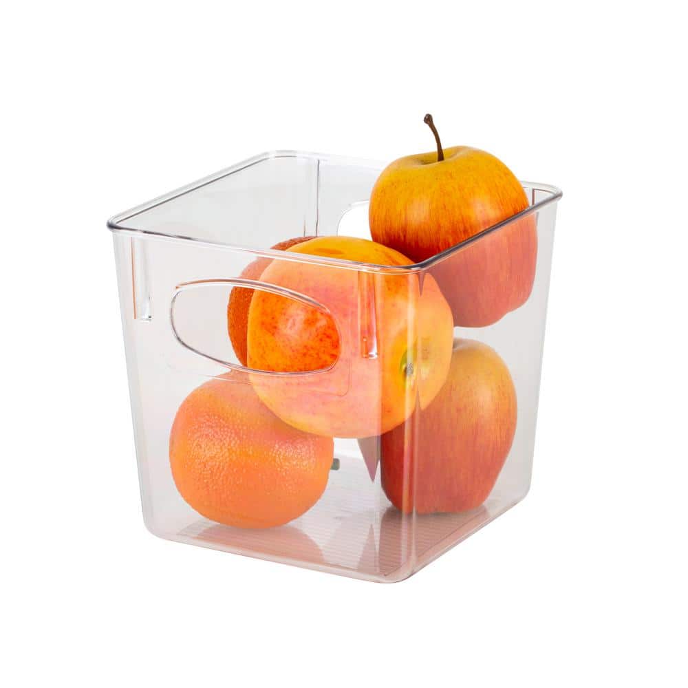 Clear Small Square Plastic Storage Bin with Cut-Out Handles