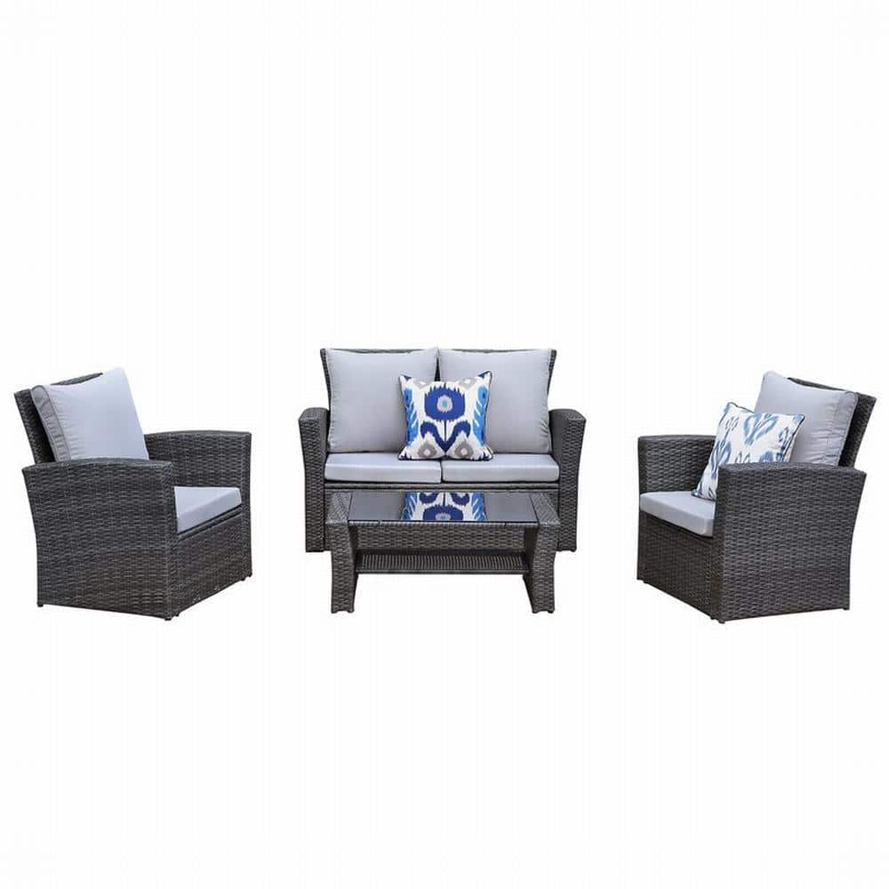 Gray Steel Frame 4-Piece Outdoor Patio Set with Cushions