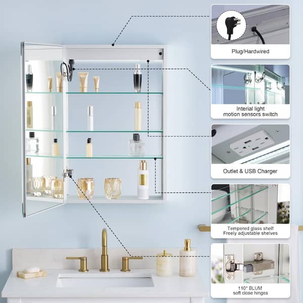 WELLFOR CHIC 20-in x 30-in Lighted LED Fog Free Surface Mount Black Mirrored Soft Close Medicine Cabinet with Outlet