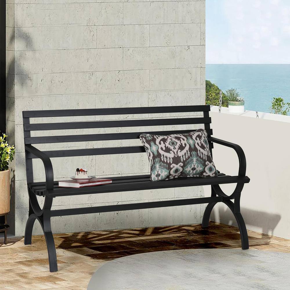 Black Steel Modern Slatted Outdoor Bench with Armrests