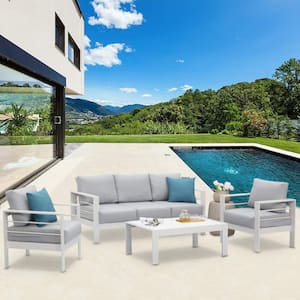 4-Piece Aluminum Patio Conversation Sectional Set with Coffee Table, Outdoor Couch End Side Table Set, White Cushions
